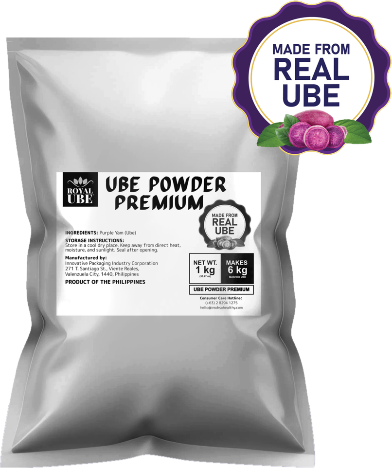 Royal Ube Premium Ube Powder 1 kg foil pack with a Made from Real Ube seal; makes 6 kg of mashed ube